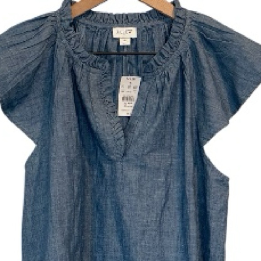 NWT J. Crew Light Blue Ruffle Blouse, Short Flutter Sleeves, Chambray, V-Neck, M - Picture 10 of 11